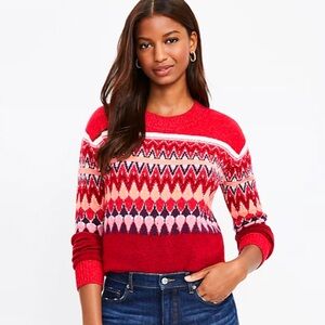LOFT Fair Isle Red Soft Knit Crewneck Sweater Women’s XXS
